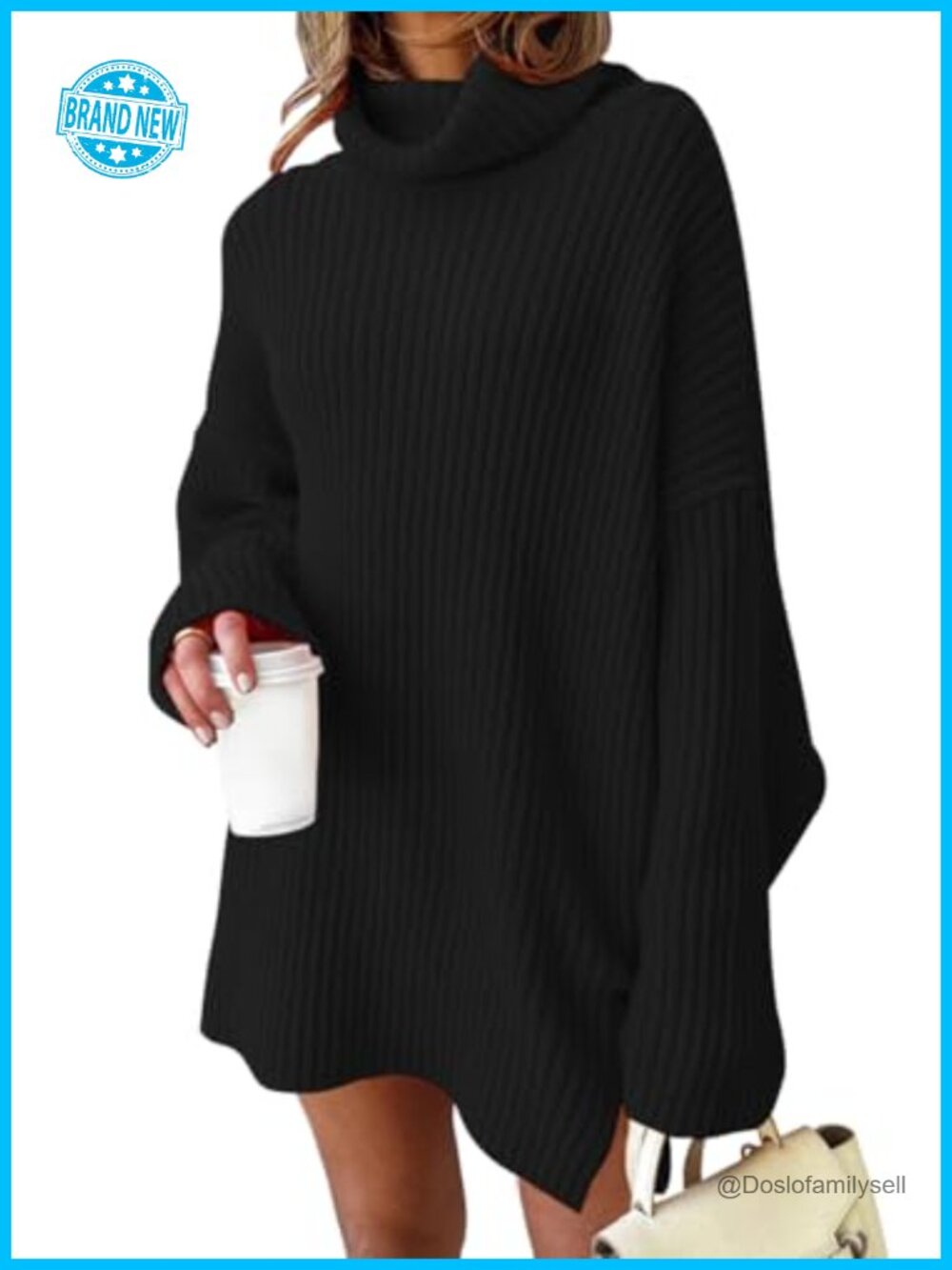 Oversized Turtleneck Sweater Dress Split Hem Knit Pullover Winter Tunic